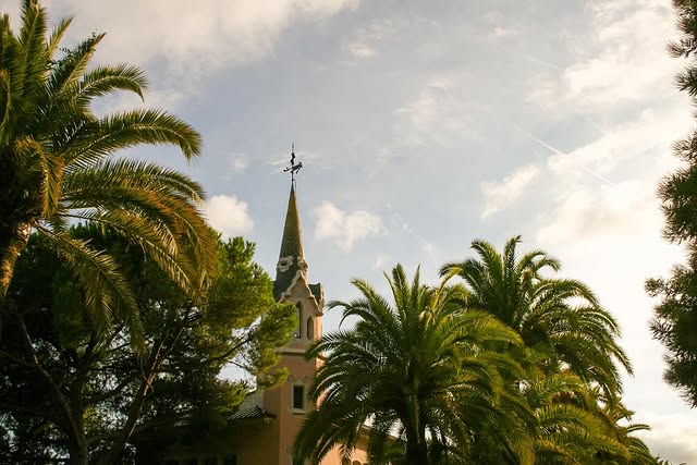 Church architecture with palm trees